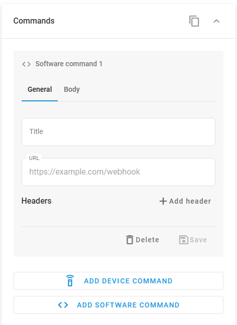 Software command General tab with Title, URL, and Headers fields