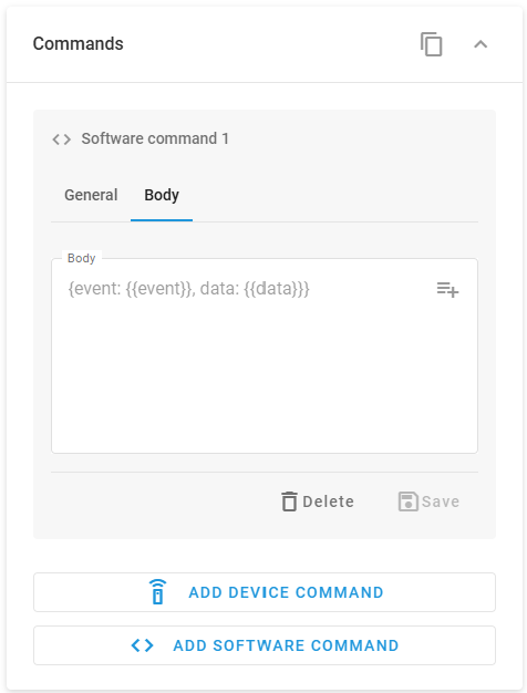 Software command Body tab with JSON body field and attribute picker