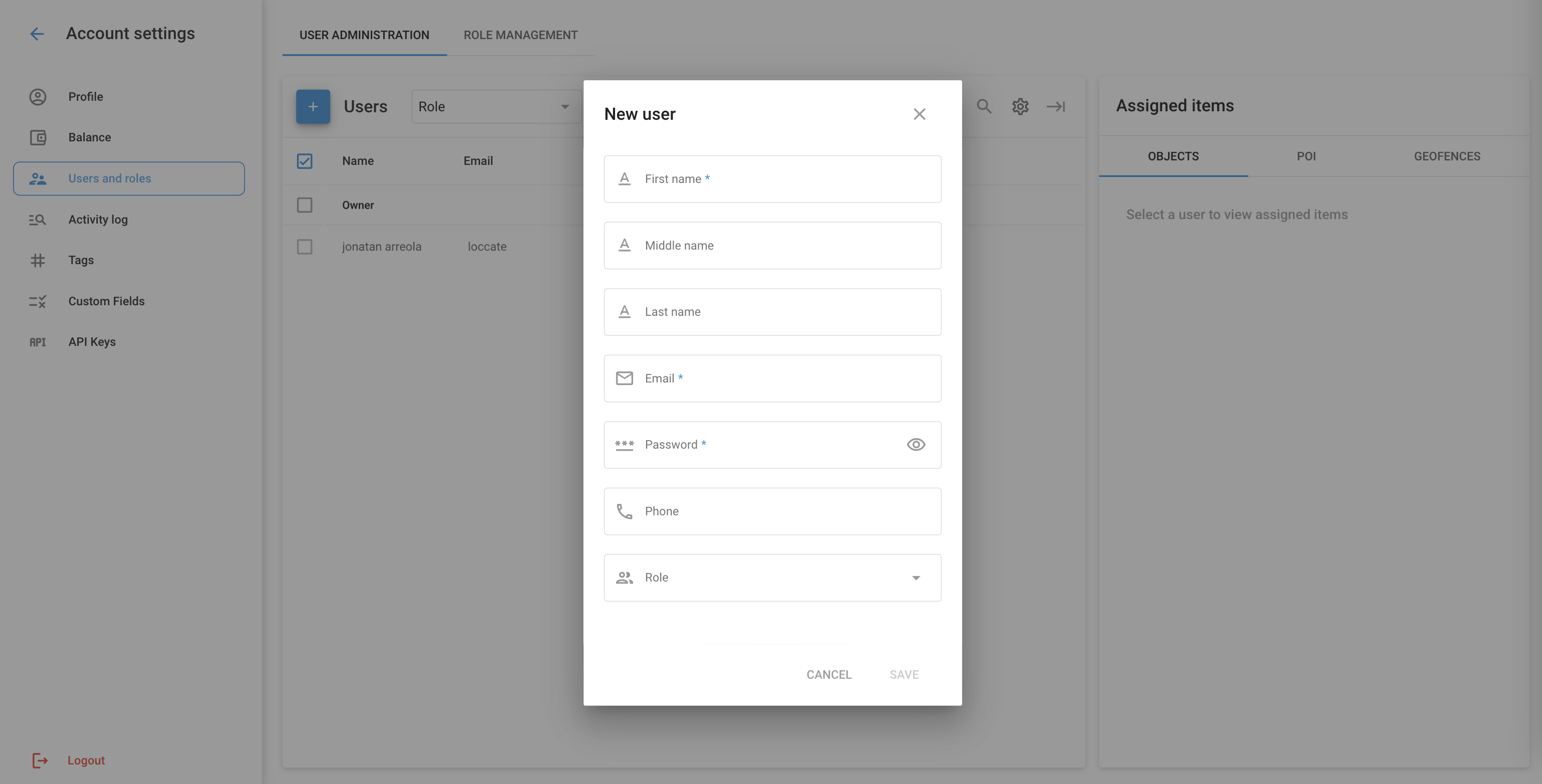 New user creation menu in User administration